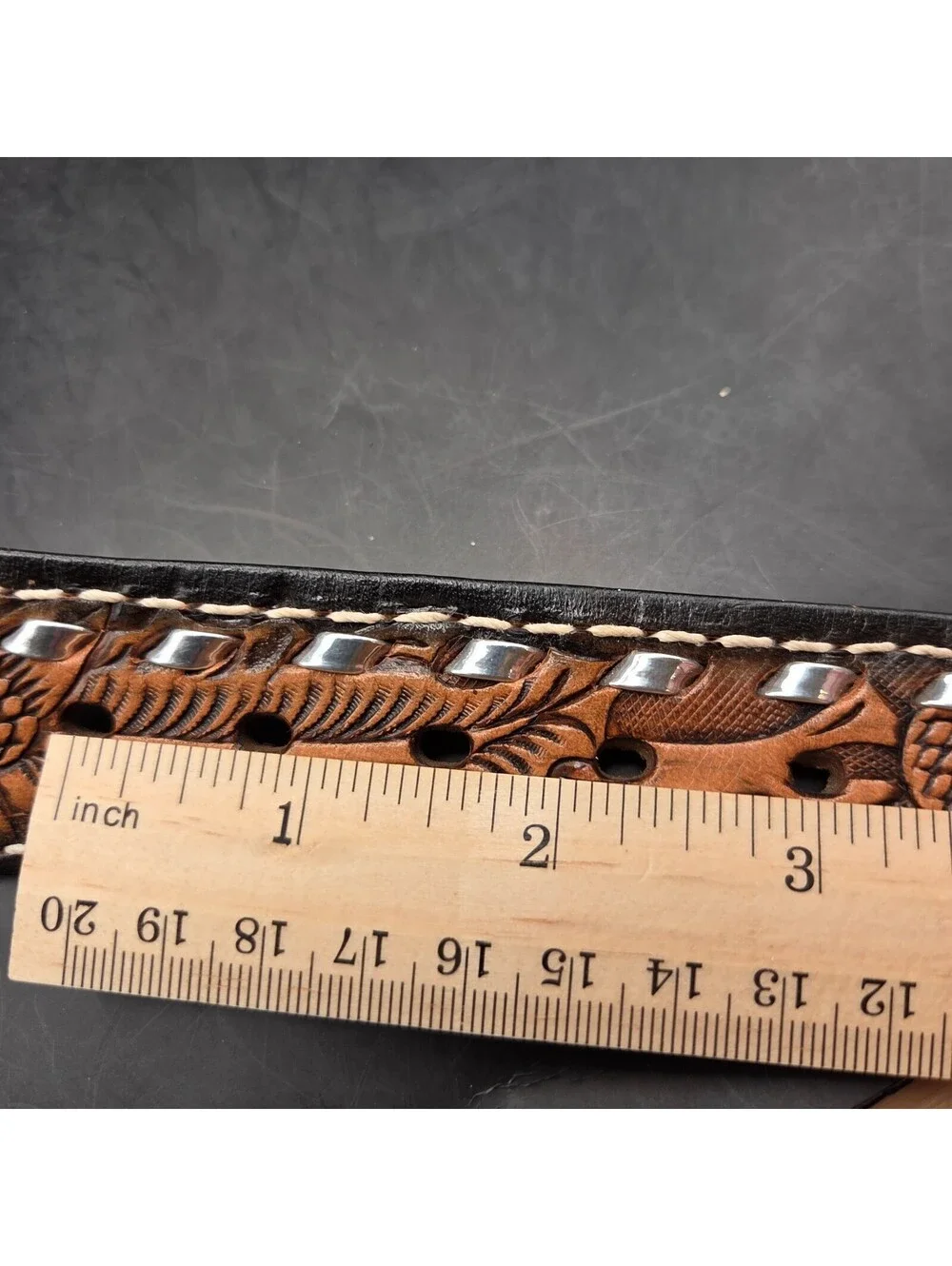 TANDY Western Leather Belt Mens 36 Brown Hand Tooled Floral Silver Studded 1.5in